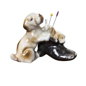 Vintage Pincushion Ceramic Dog and Puppies Shoe Figurine Japan